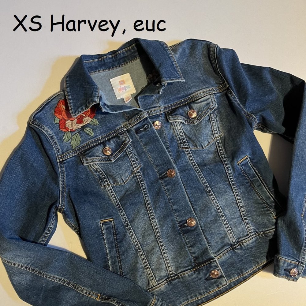 XS Lularoe Harvey jean jacket, blue denim with embroidered roses